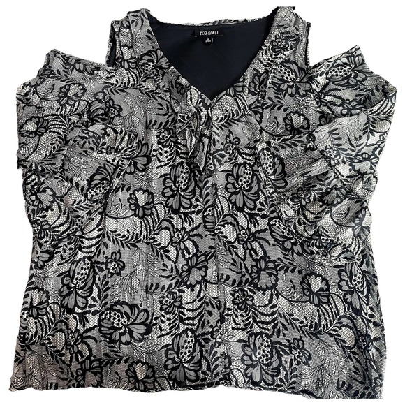 🛍️ Roz & Ali Black White Floral Blouse Cut Out Sleeves Womens Size XL - Picture 1 of 10
